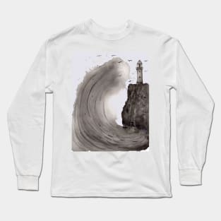 Big Wave with a Lighthouse Ink Illustration Long Sleeve T-Shirt